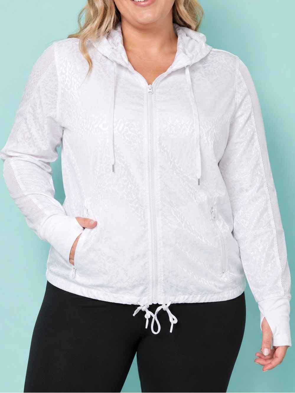NWOT Zyia Active White Leopard Print Hooded Windbreaker Jacket XL